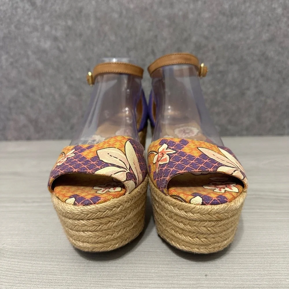 Tory Burch Sherri Mid Wedge‎ Espadrille Sandals Floral Ankle Strap Women's Sz 8